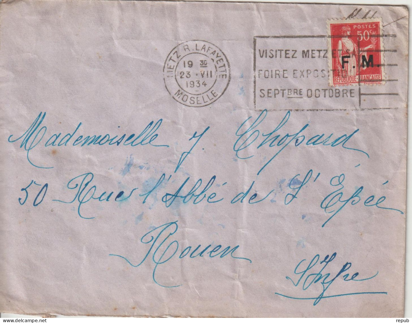 Lettre En Franchise FM 7 Oblitération 1934 Metz - Militärische Franchisemarken