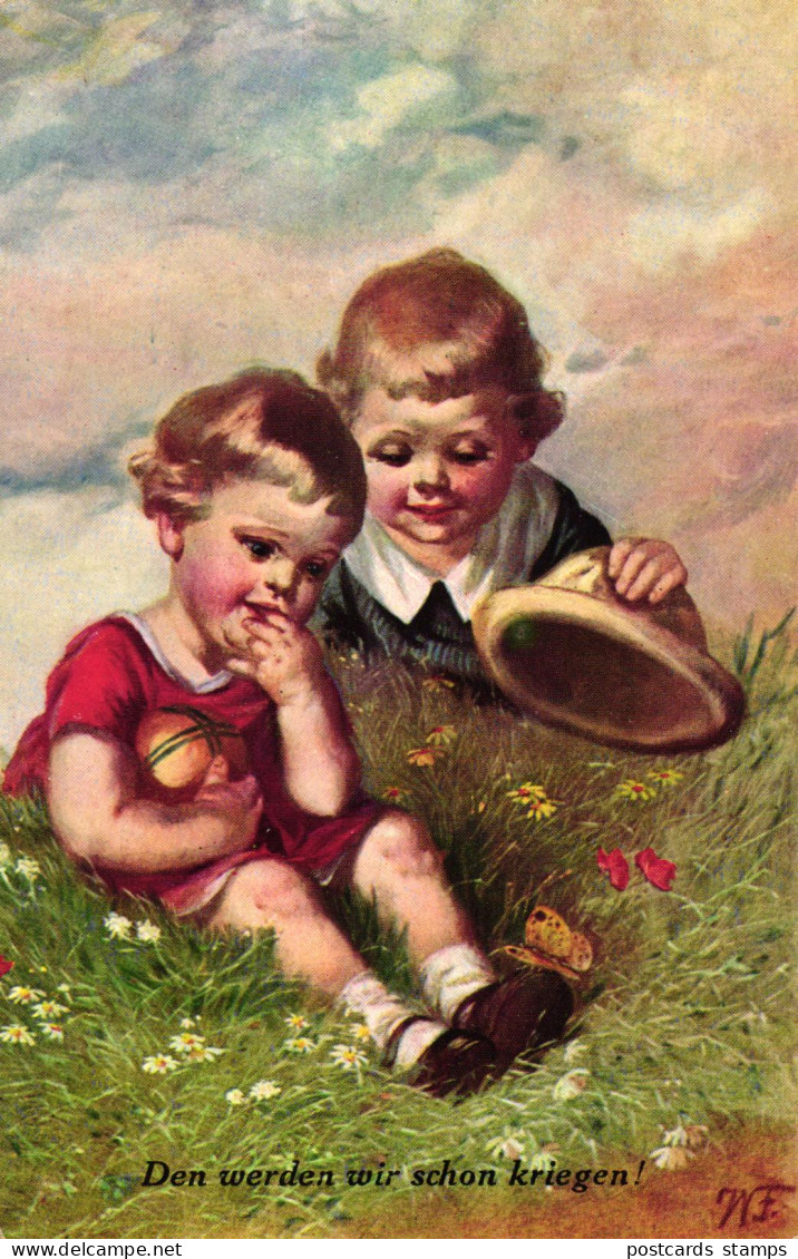 Kinder Fangen Einen Schmetterling, Sign. Wally Fialowska, 1929 - Fialkowska, Wally