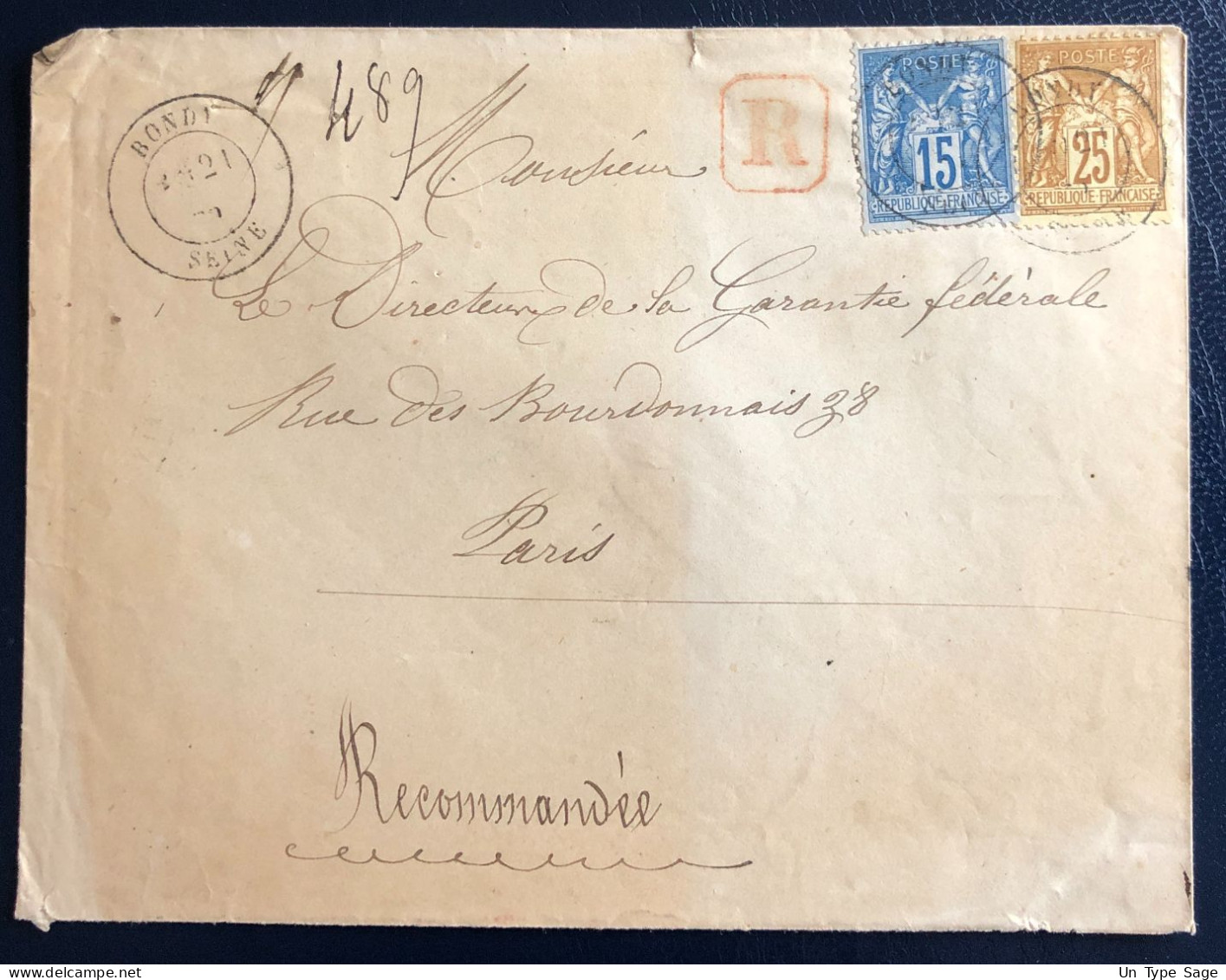 France N°90 Et 92 Sur Enveloppe Recommandée TAD BONDY, Seine 21.9.1879 - (B3406) - 1877-1920: Semi-moderne Periode