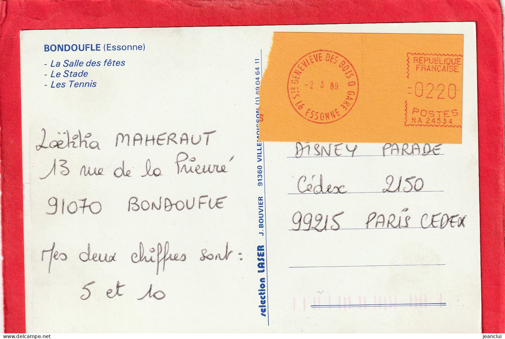 CPM . MULTIVUES " BONDOUFLE . LA SALLE DES FETES - LE STADE - LES TENNIS " AFFR POSTAL DU 2-3-1989 AU VERSO . 2 SCANES - Bondoufle