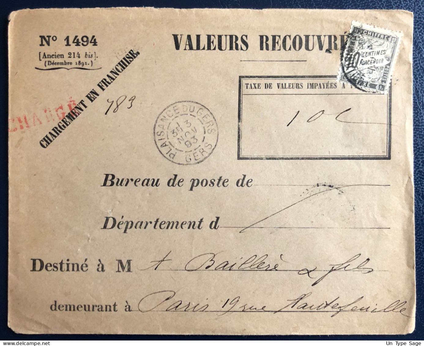 France Taxe N°15 Sur Enveloppe (CHARGE) TAD PLAISANCE DU GERS, Gers 3.11.1893 - (B3410) - 1859-1959 Lettres & Documents