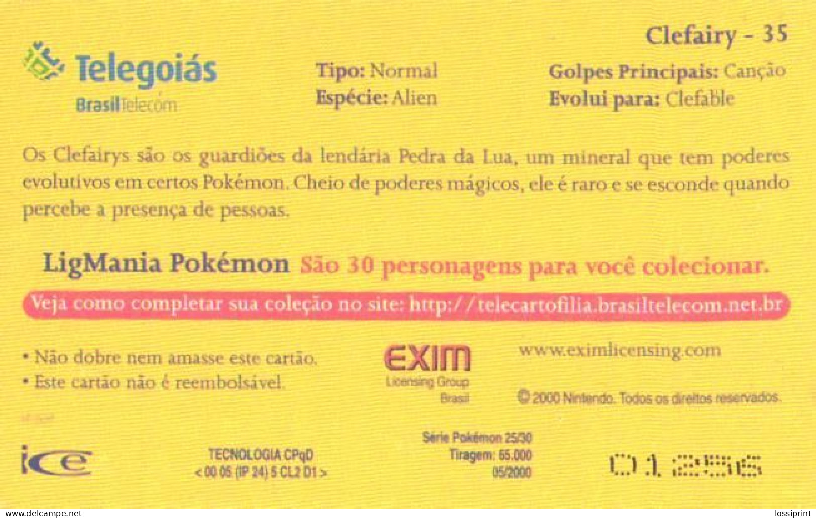 Brazil:Brasil:Used Phonecard, Telegoias, 30 Units, LigMania Pokemon, 2000 - Brasilien