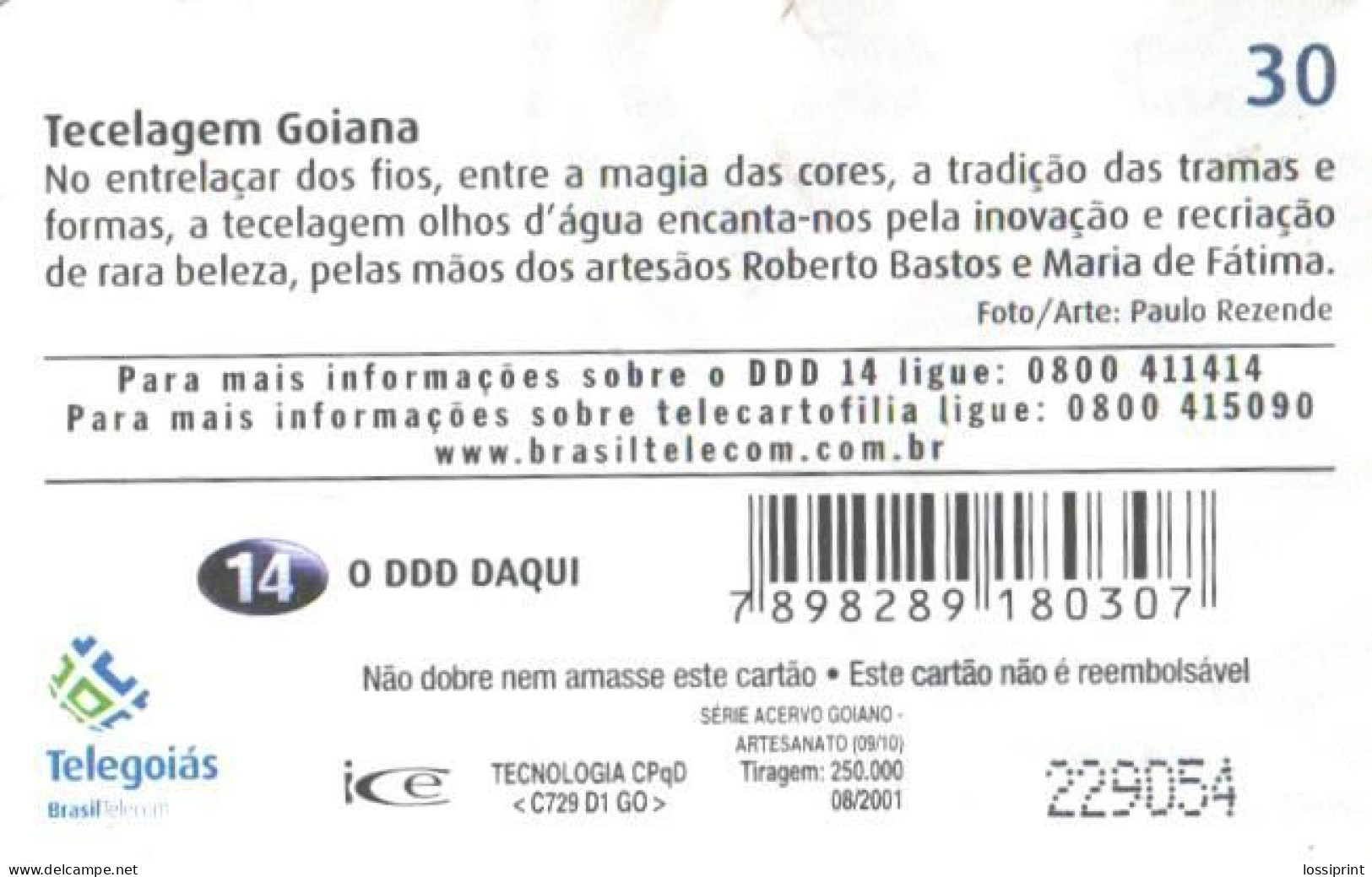 Brazil:Brasil:Used Phonecard, Telegoias, 30 Units, Carpets, 2001 - Brasilien