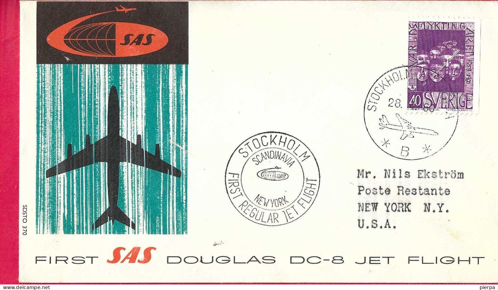 SVERIGE - FIRST DOUGLAS DC-8 FLIGHT - SAS - FROM STOCKHOLM TO NEW YORK *28.4.60* ON OFFICIAL COVER - Cartas & Documentos