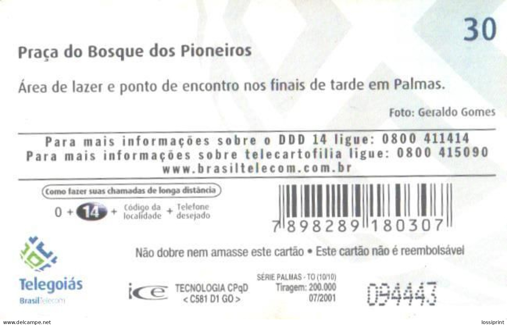 Brazil:Brasil:Used Phonecard, Telegoias, 30 Units, Park, 2001 - Brasilien