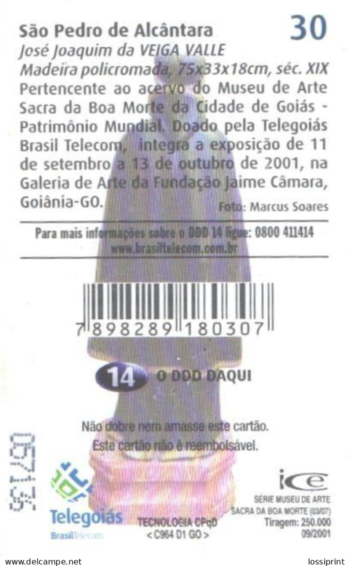 Brazil:Brasil:Used Phonecard, Telegoias, 30 Units, Monk Statue, 2001 - Brasilien