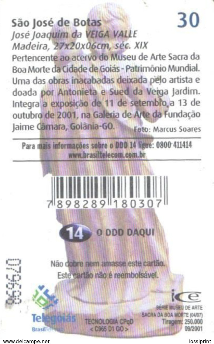 Brazil:Brasil:Used Phonecard, Telegoias, 30 Units, Old Man With Child Statue, 2001 - Brasilien