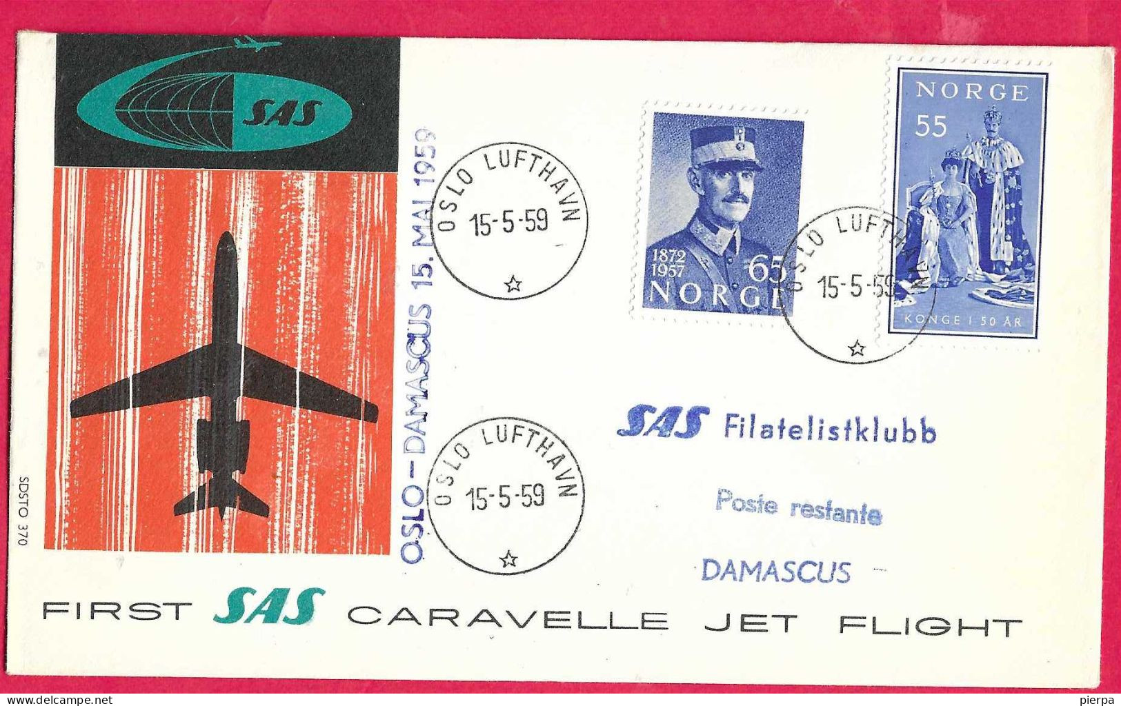 NORGE - FIRST CARAVELLE FLIGHT - SAS - FROM OSLO TO DAMASCUS *15.5.59* ON OFFICIAL COVER - Lettres & Documents