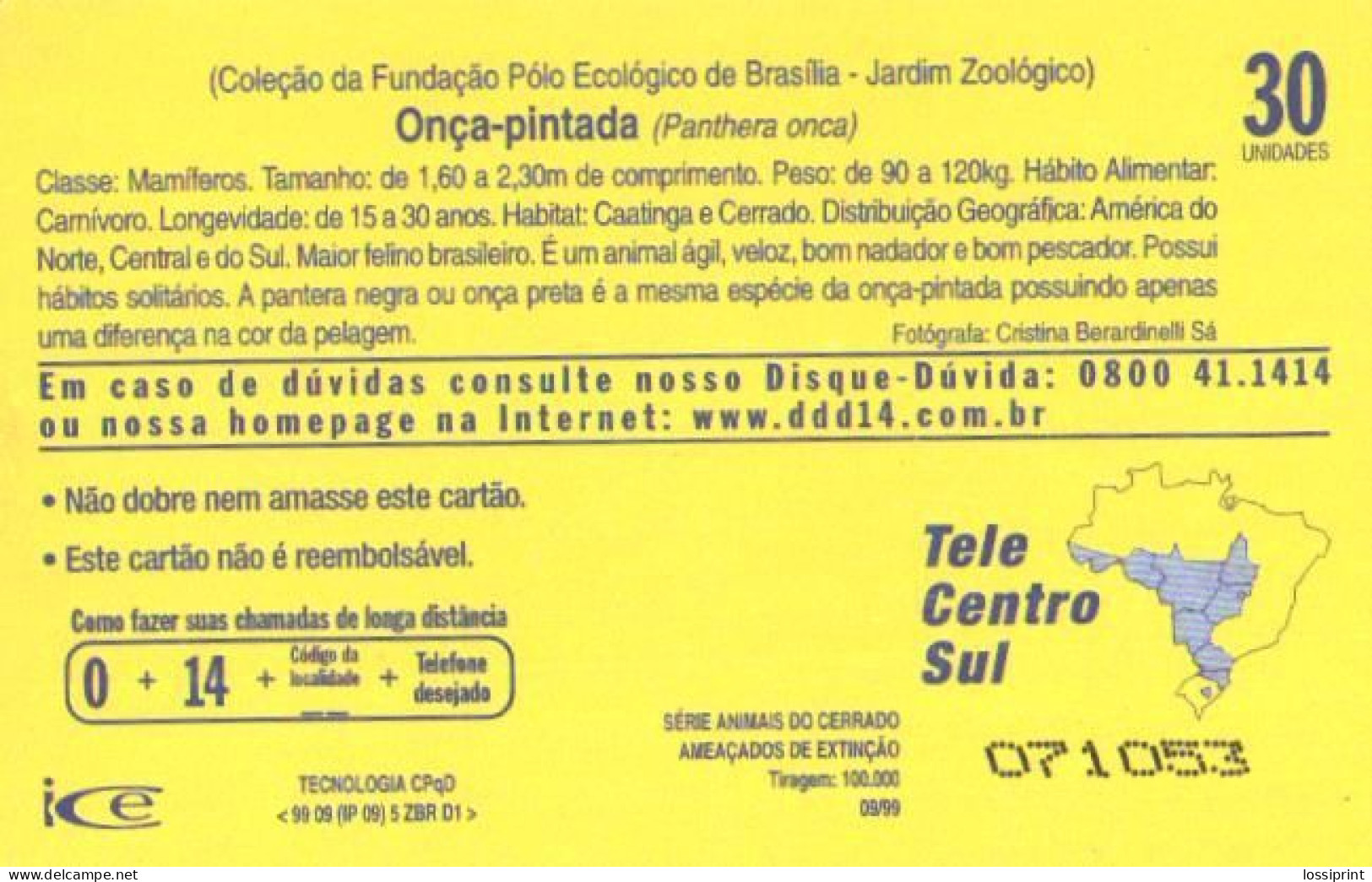 Brazil:Brasil:Used Phonecard, Telebrasilia, 30 Units, Jaguar, Panthera Onca, 1999 - Brasilien