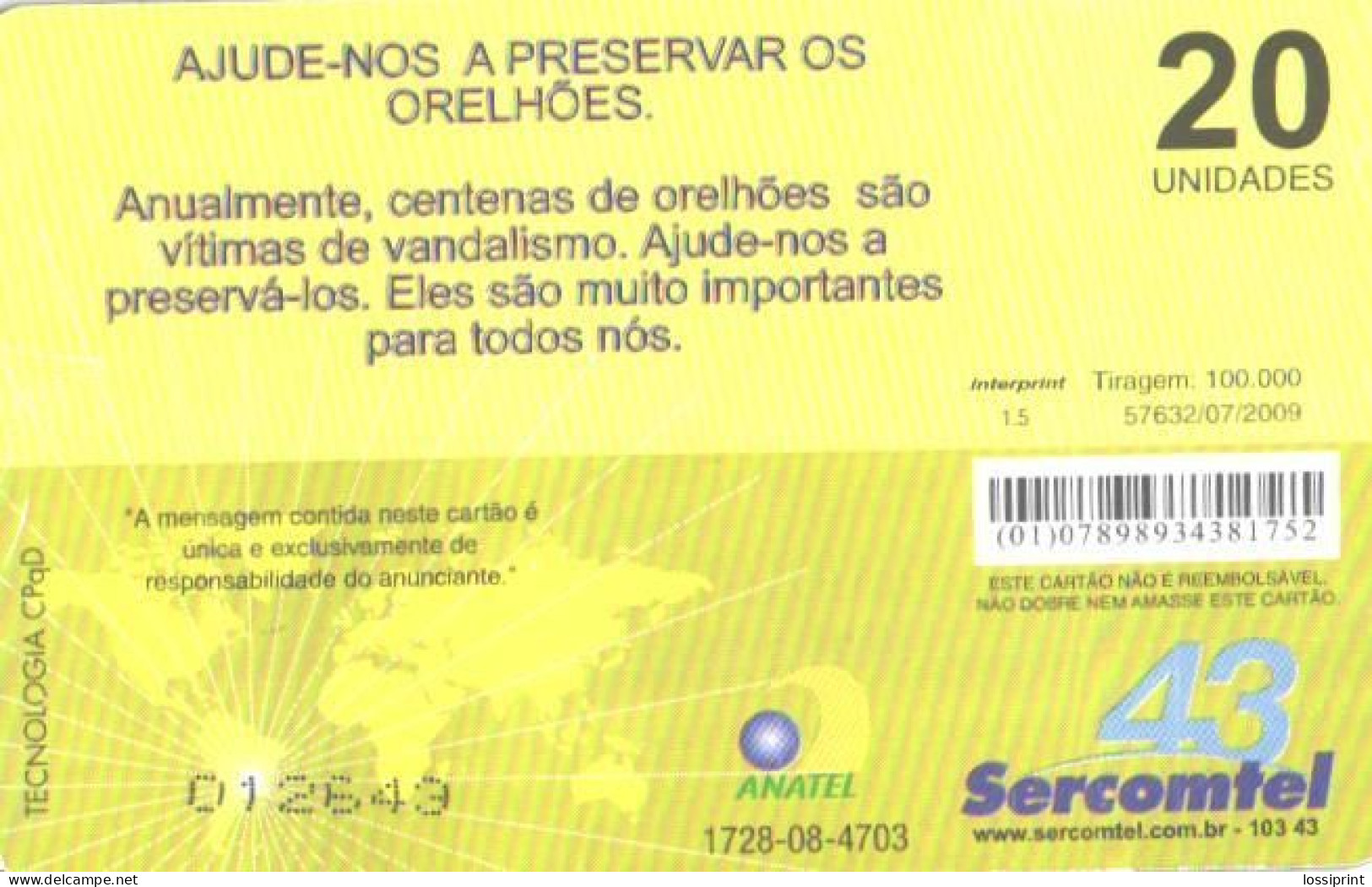 Brazil:Brasil:Used Phonecard, Anatel, Sercomtel, 20 Units, Car, Vandalismo, 2009 - Brasilien