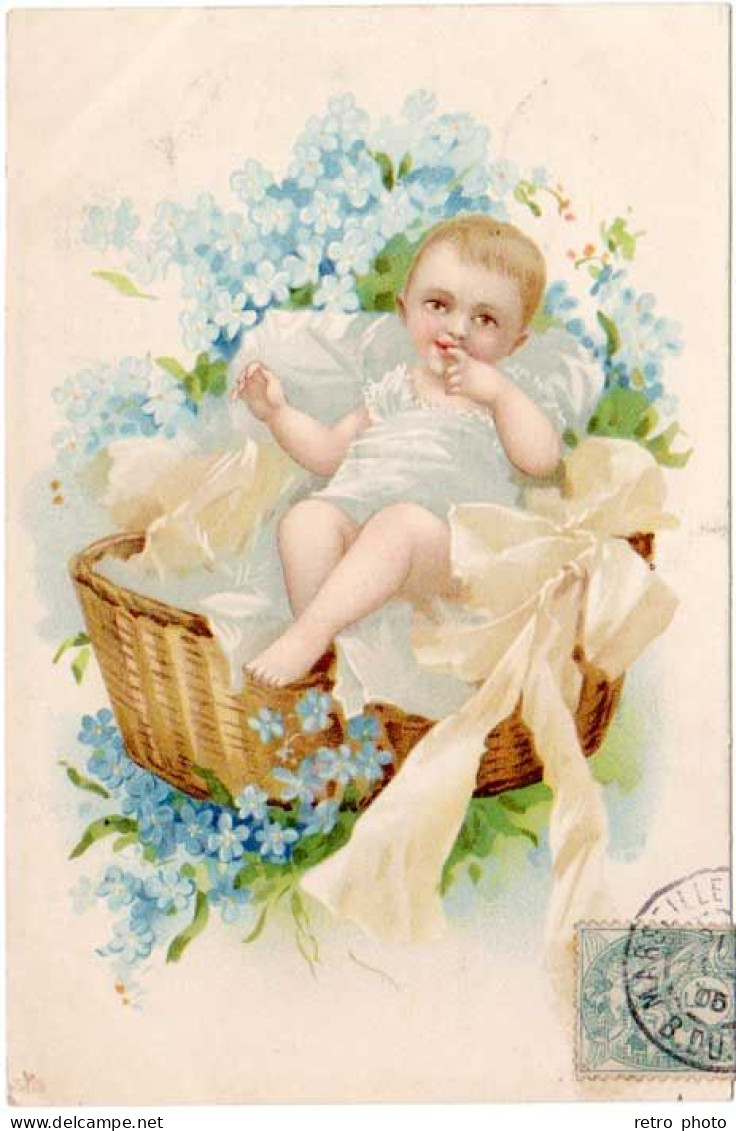 Cpa Fantaisie Bébé Dans Panier, Fleurs    (S.12483) - Neonati