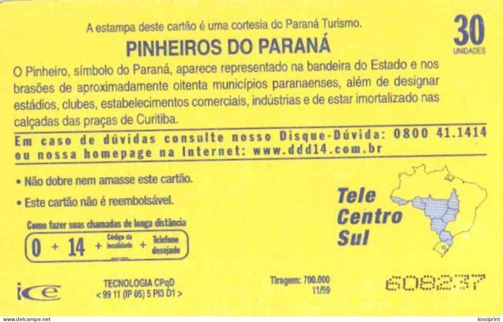 Brazil:Brasil:Used Phonecard, Telepar, 30 Units, Trees And Sunset, 1999 - Brasilien