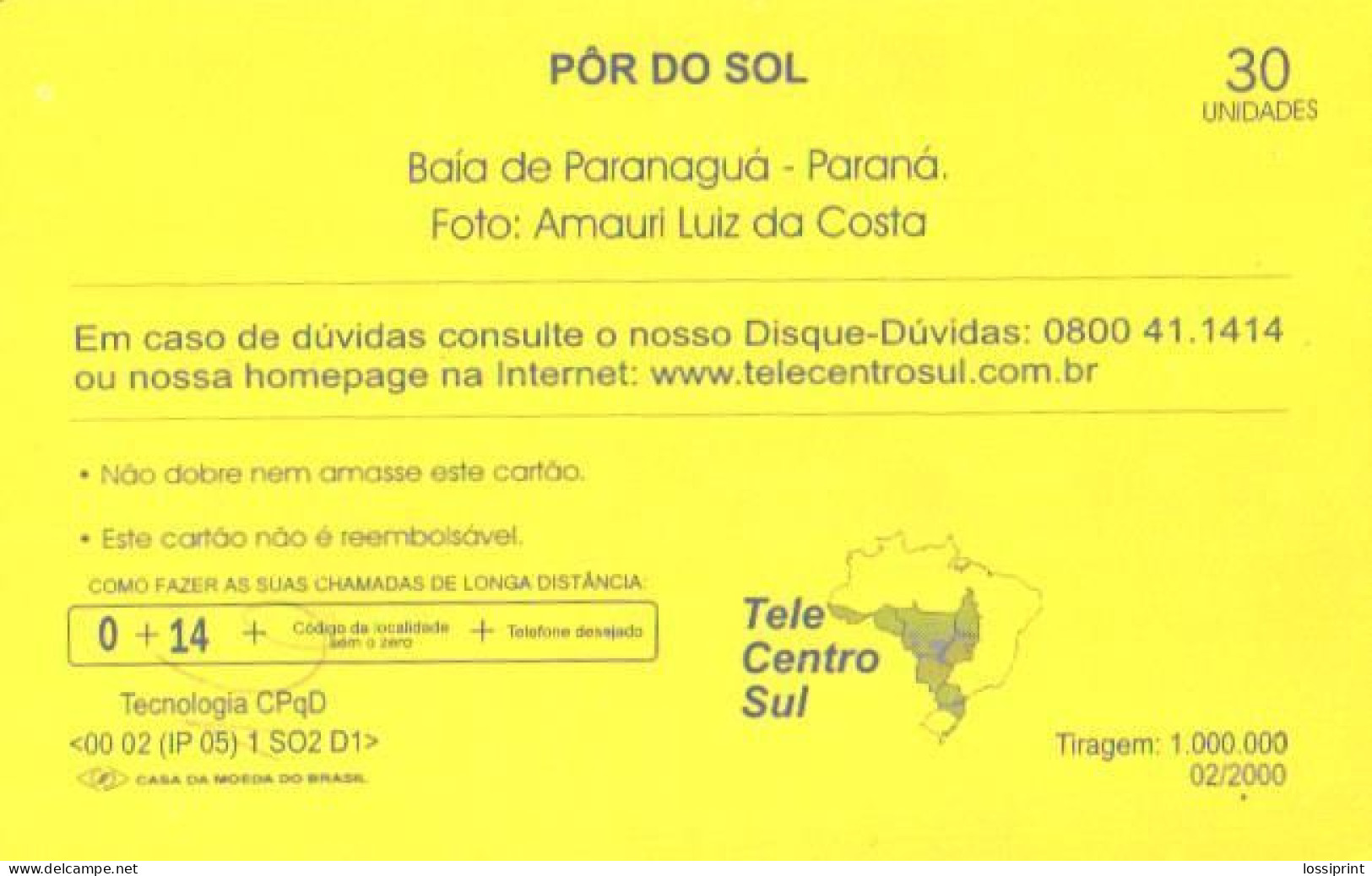 Brazil:Brasil:Used Phonecard, Telepar, 30 Units, Ships And Sunset, 2000 - Brasilien