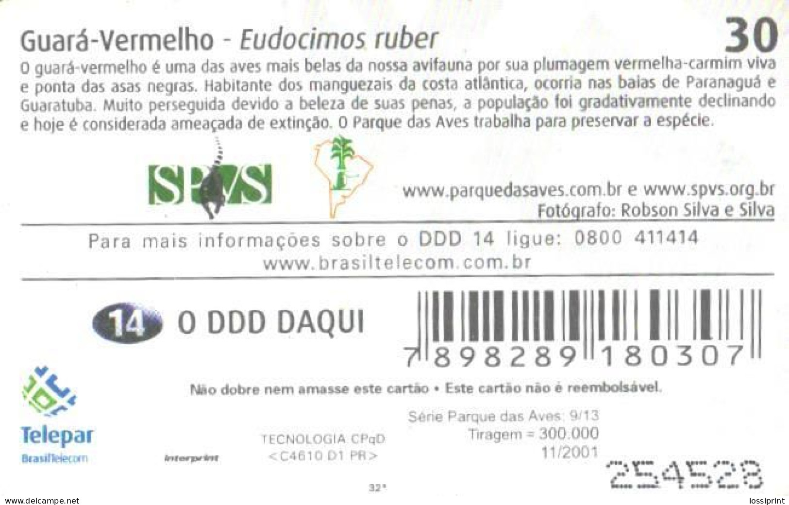 Brazil:Brasil:Used Phonecard, Telepar, 30 Units, Birds, Eudocimos Ruber, 2001 - Brasilien