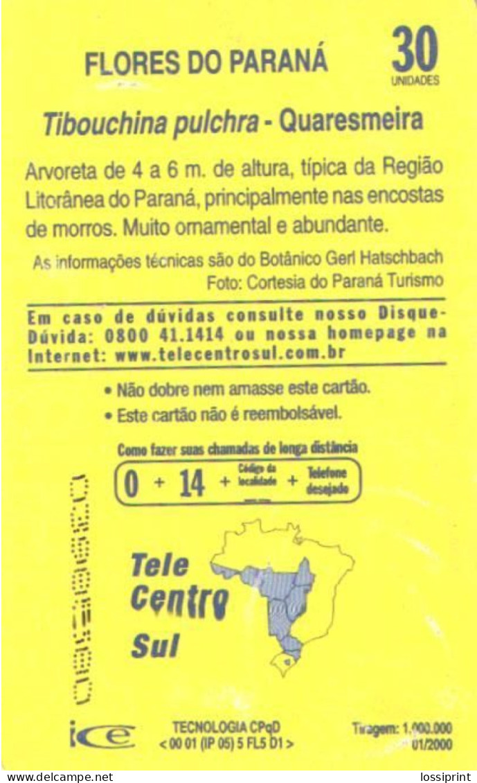 Brazil:Brasil:Used Phonecard, Telepar, 30 Units, Flowers, Tibouchina Pulchra, 2000 - Brasilien