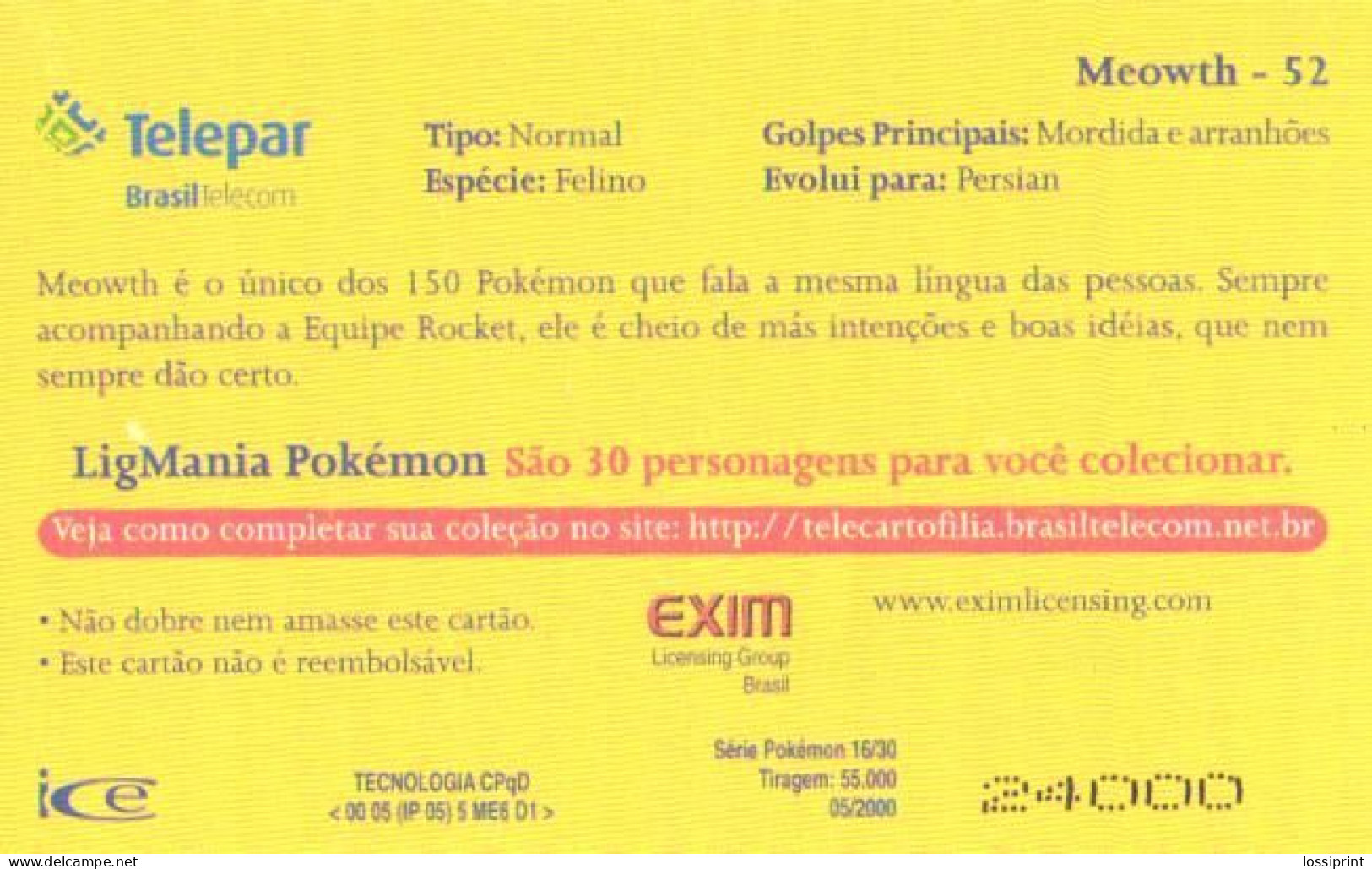 Brazil:Brasil:Used Phonecard, Telepar, 30 Units, Ligmania Pokemon, 2000 - Brasilien