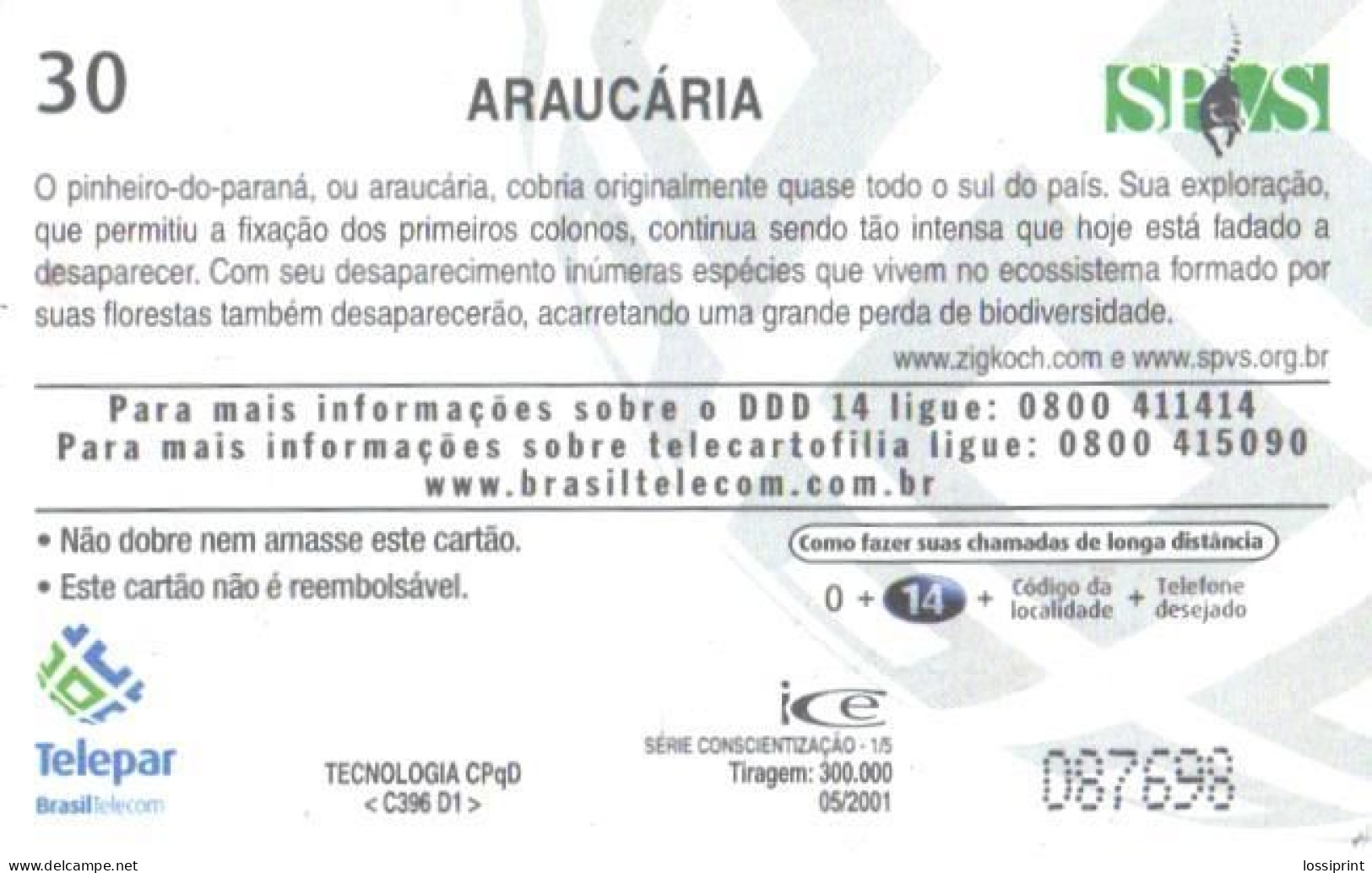 Brazil:Brasil:Used Phonecard, Telepar, 30 Units, Tree, 2001 - Brasilien