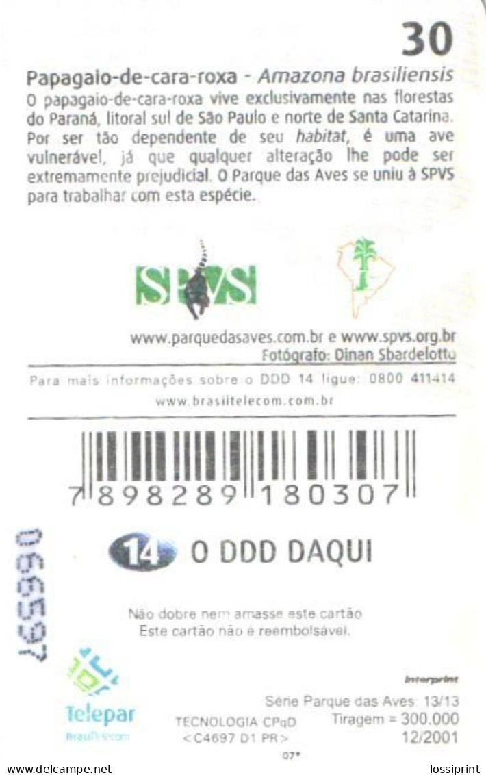 Brazil:Brasil:Used Phonecard, Telepar, 30 Units, Bird, Parrot, Amazona Brasiliensis, 2001 - Brasilien