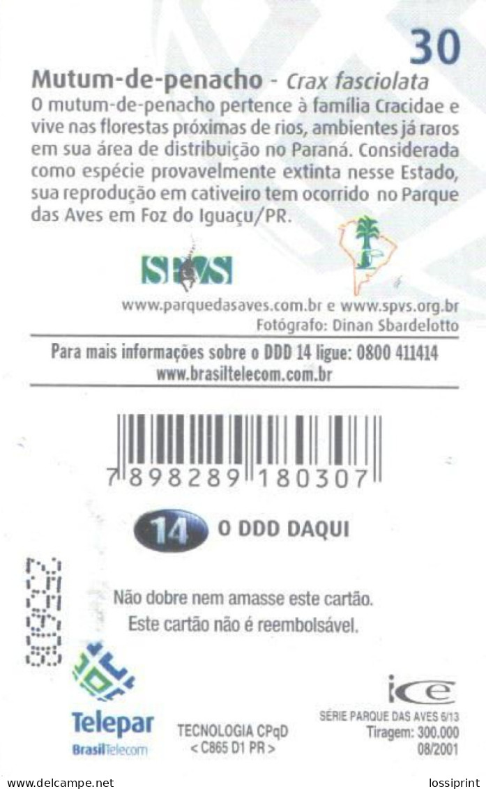 Brazil:Brasil:Used Phonecard, Telepar, 30 Units, Birds, Crax Fasciolata, 2001 - Brasilien