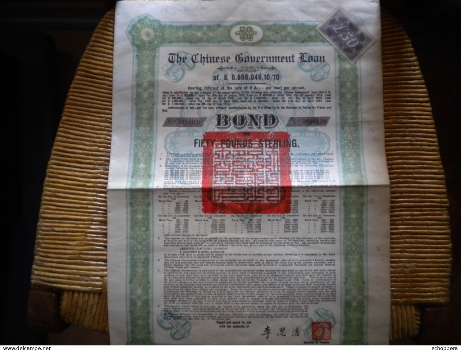 THE CHINESE GOVERNMENT LOAN - 50 £ Sterling  8%  CANTON KOWLOON RAILWAYS - 1925 - Asia