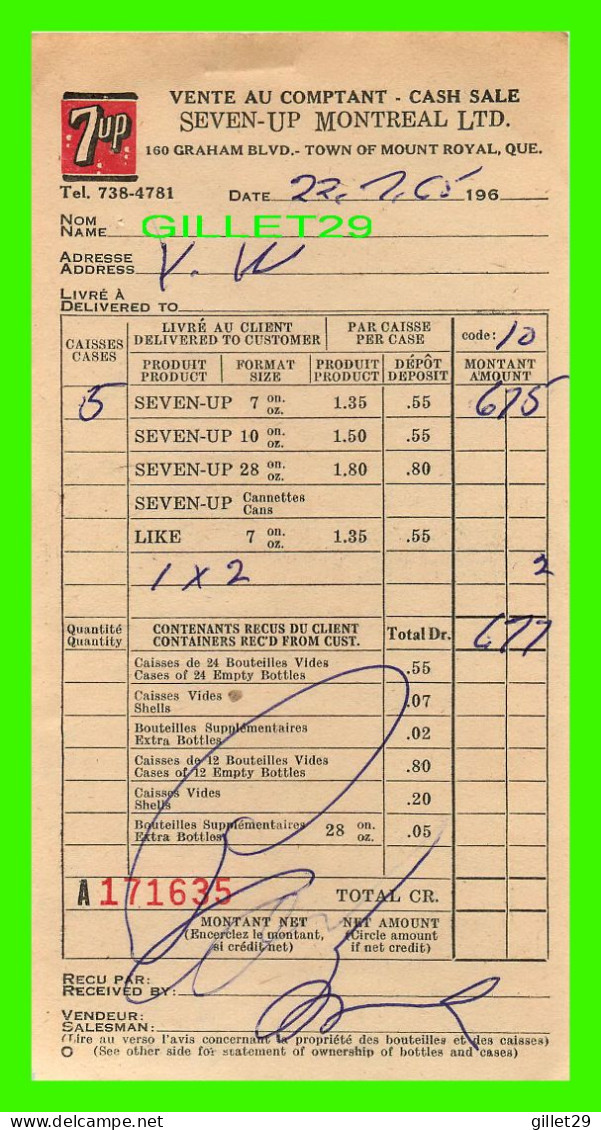 FACTURE DE BOISSON, SEVEN-UP MONTRÉAL LTD No 635 EN 1965 - - Canada