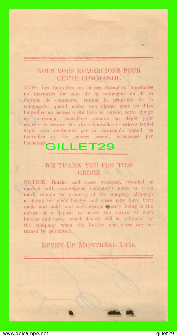 FACTURE DE BOISSON, SEVEN-UP MONTRÉAL LTD No 635 EN 1965 - - Canada