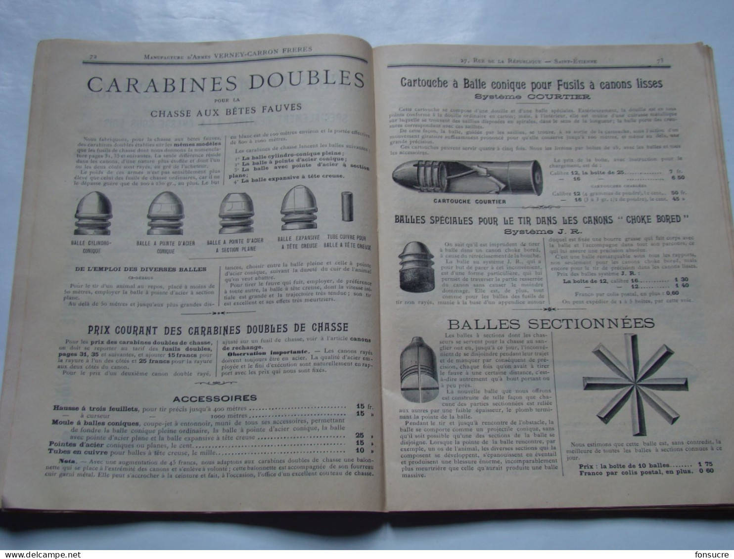 CHr Catalogue VERNEY CARRON Manufacture d'Armes St Etienne 42 Loire 1896 Fusil Carabine Revolver Chasse Cartouche Balle