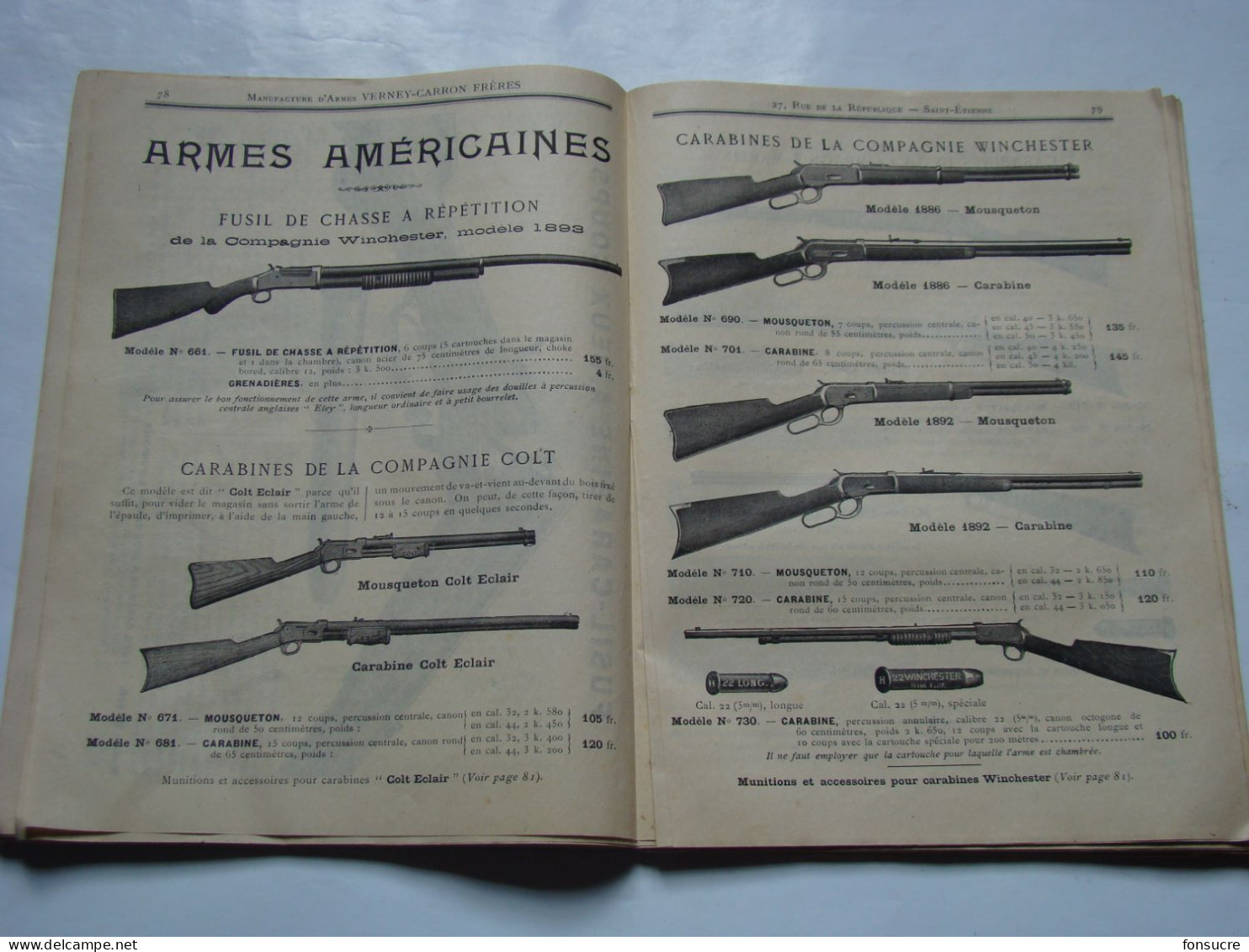 CHr Catalogue VERNEY CARRON Manufacture d'Armes St Etienne 42 Loire 1896 Fusil Carabine Revolver Chasse Cartouche Balle