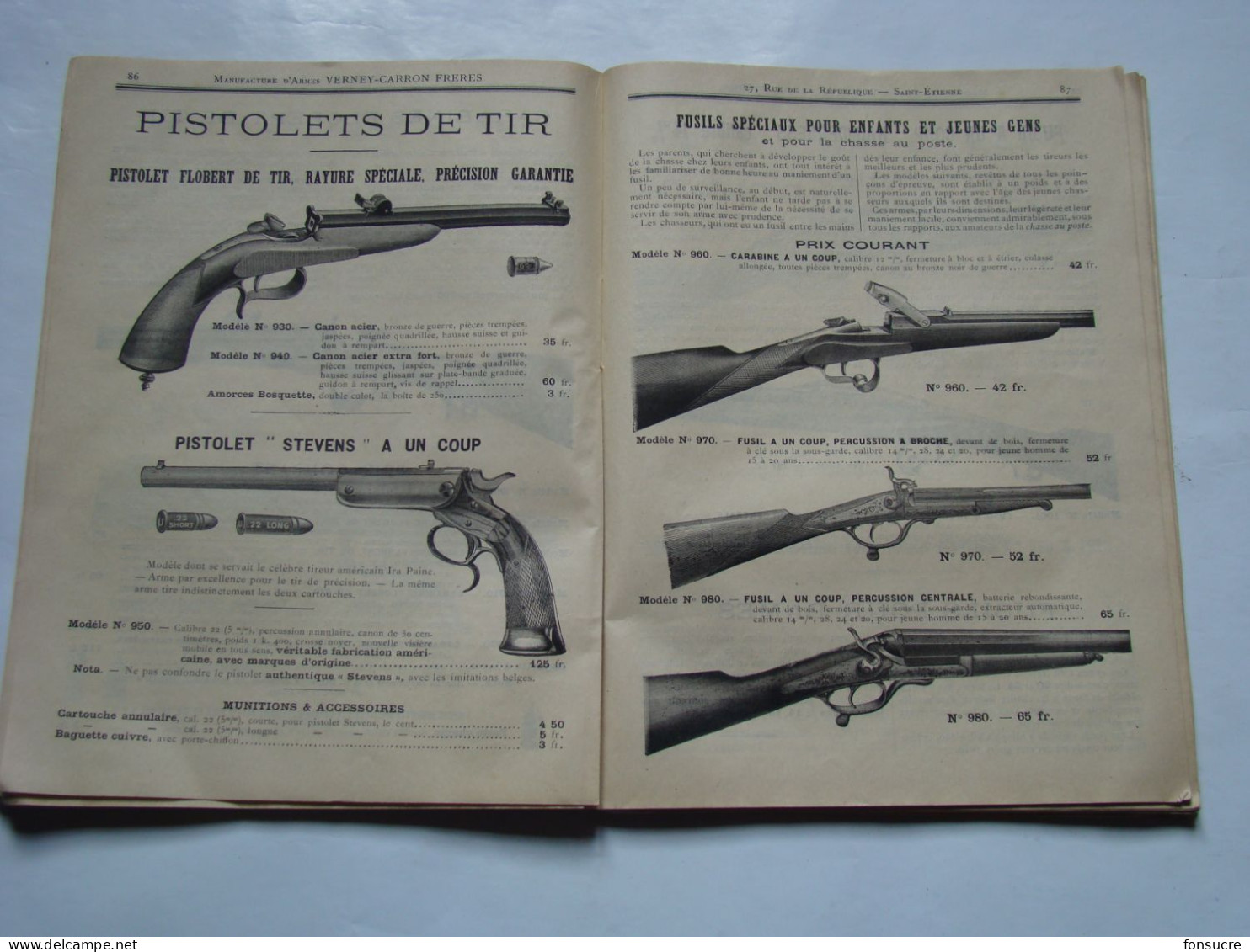 CHr Catalogue VERNEY CARRON Manufacture d'Armes St Etienne 42 Loire 1896 Fusil Carabine Revolver Chasse Cartouche Balle