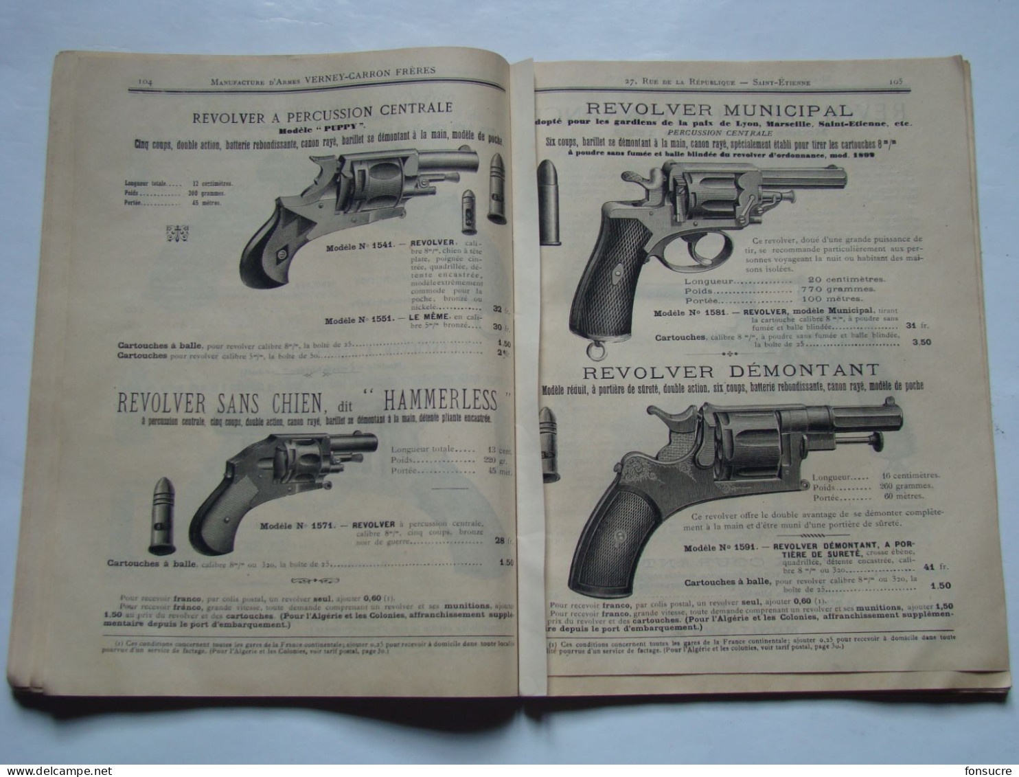 CHr Catalogue VERNEY CARRON Manufacture d'Armes St Etienne 42 Loire 1896 Fusil Carabine Revolver Chasse Cartouche Balle