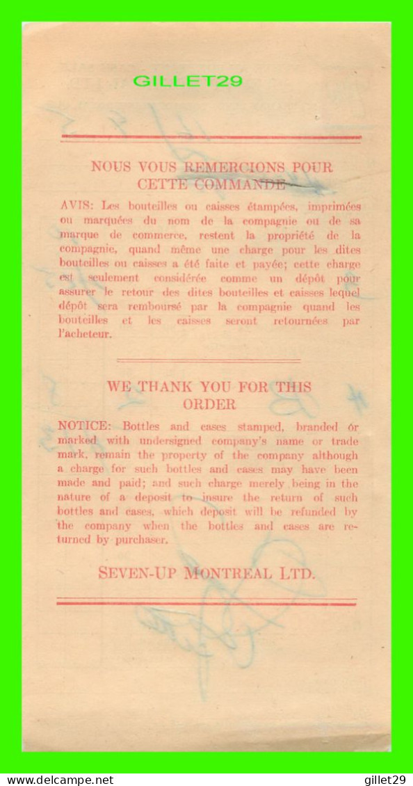 FACTURE DE BOISSON, SEVEN-UP MONTRÉAL LTD No 085 EN 1965 - - Canada