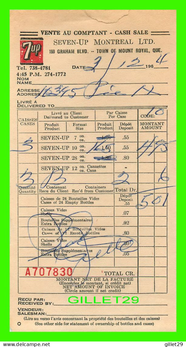 FACTURE DE BOISSON, SEVEN-UP MONTRÉAL LTD No 830 EN 1964 - - Canadá