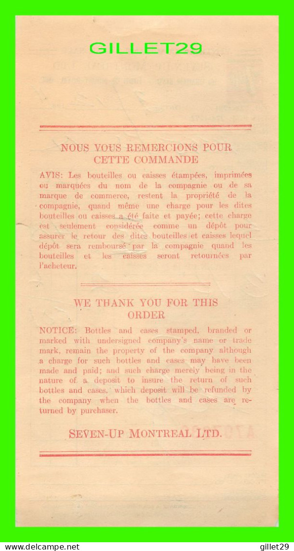 FACTURE DE BOISSON, SEVEN-UP MONTRÉAL LTD No 830 EN 1964 - - Canadá