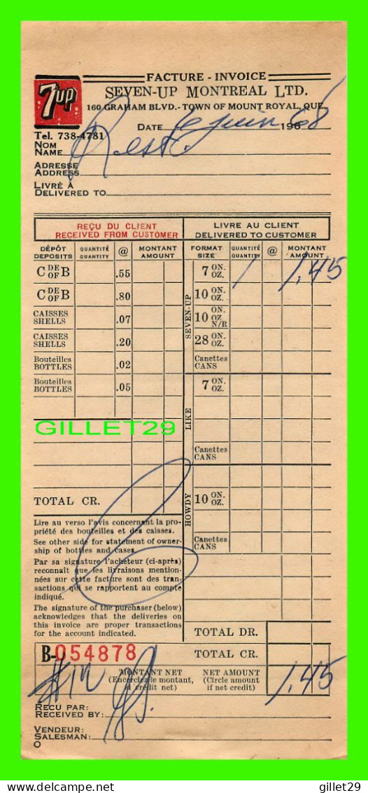 FACTURE DE BOISSON, SEVEN-UP MONTRÉAL LTD No 878 EN 1968 - - Canada