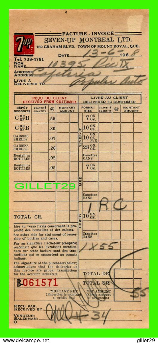 FACTURE DE BOISSON, SEVEN-UP MONTRÉAL LTD No 571 EN 1968 - - Canada