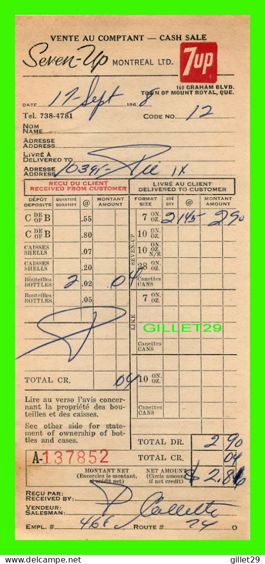 FACTURE DE BOISSON, SEVEN-UP MONTRÉAL LTD No 852 EN 1968 - - Canada