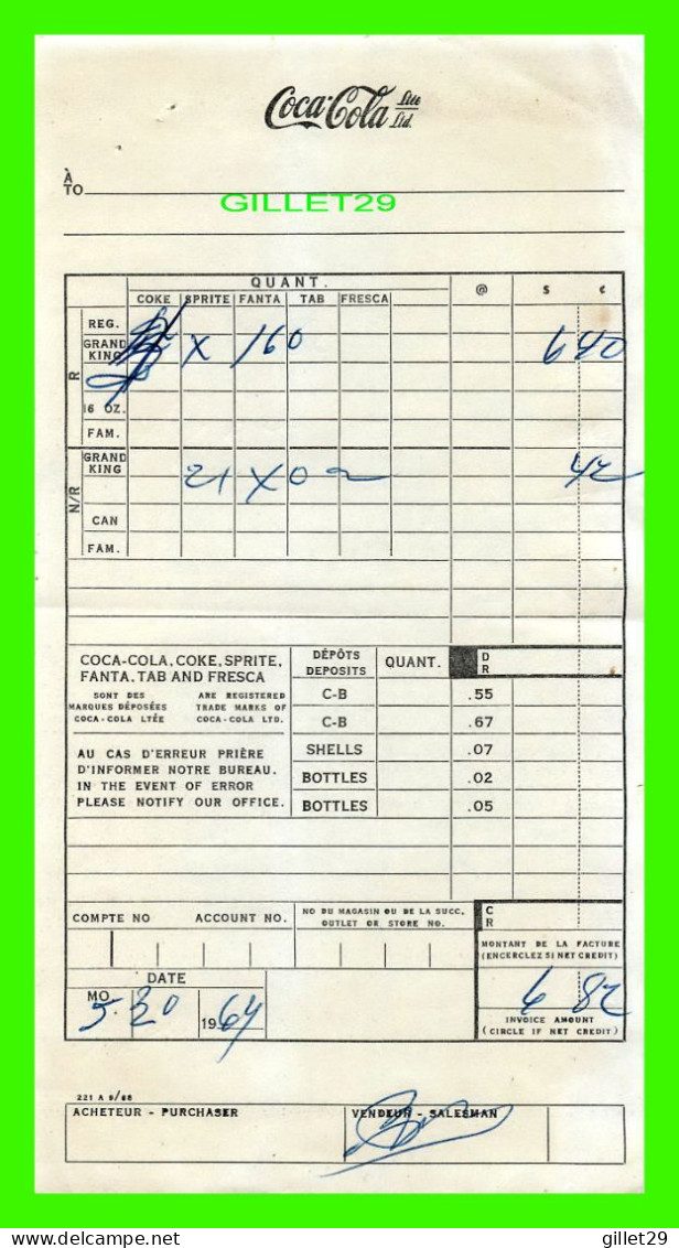 FACTURE DE BOISSON, COCA COLA LTÉE, MONTRÉAL EN 1969 - - Canadá