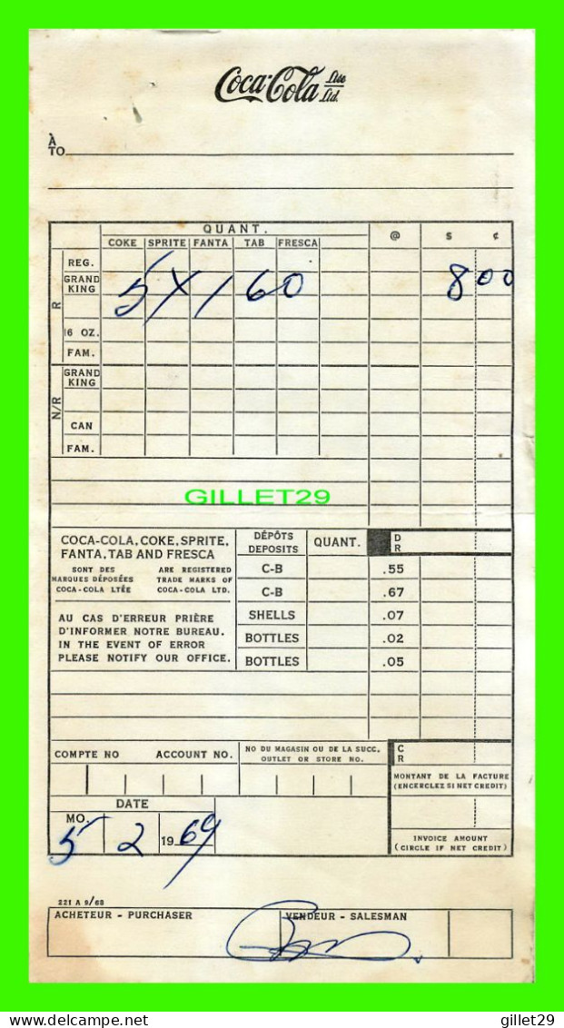 FACTURE DE BOISSON, COCA COLA LTÉE, MONTRÉAL EN 1969 - - Canada