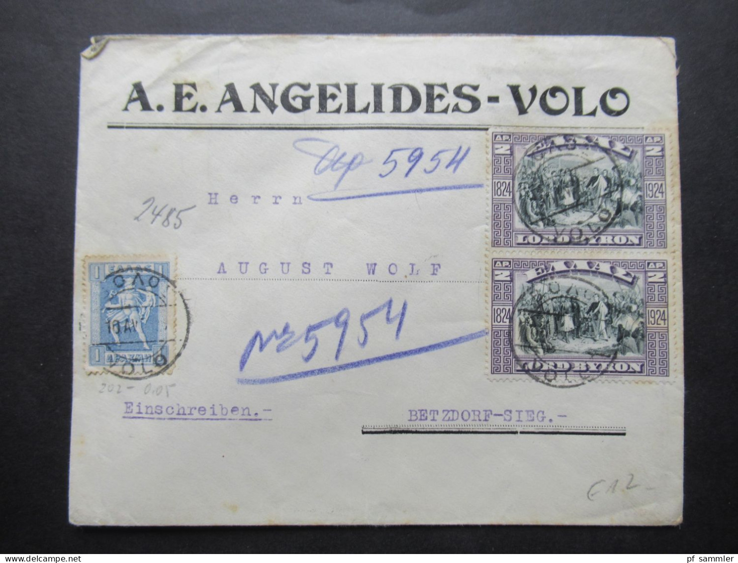 Griechenland 1925 Umschlag A.E. Angelides Volo Einschreiben Nach Betzdorf Sieg Mit Ank. Stempel - Lettres & Documents