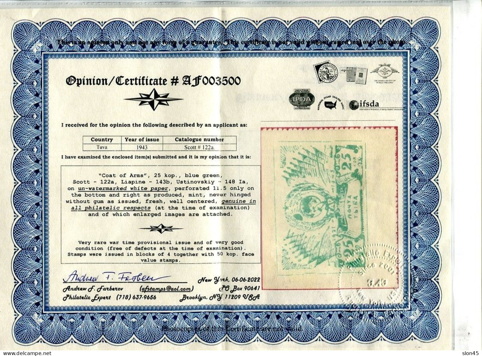 Tannu Tuva 1943 Coat Of Arms Certificate  MNG AI 14910 - Touva