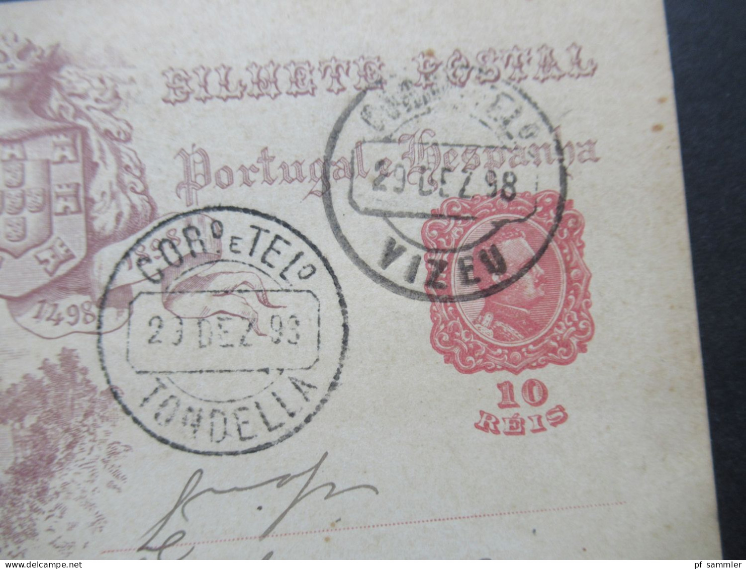 Portugal 1898 Ganzsache 10 Reis Bilhete Postal Paco Real De Cintra Stempel Vizeu Und Tondella - Postwaardestukken