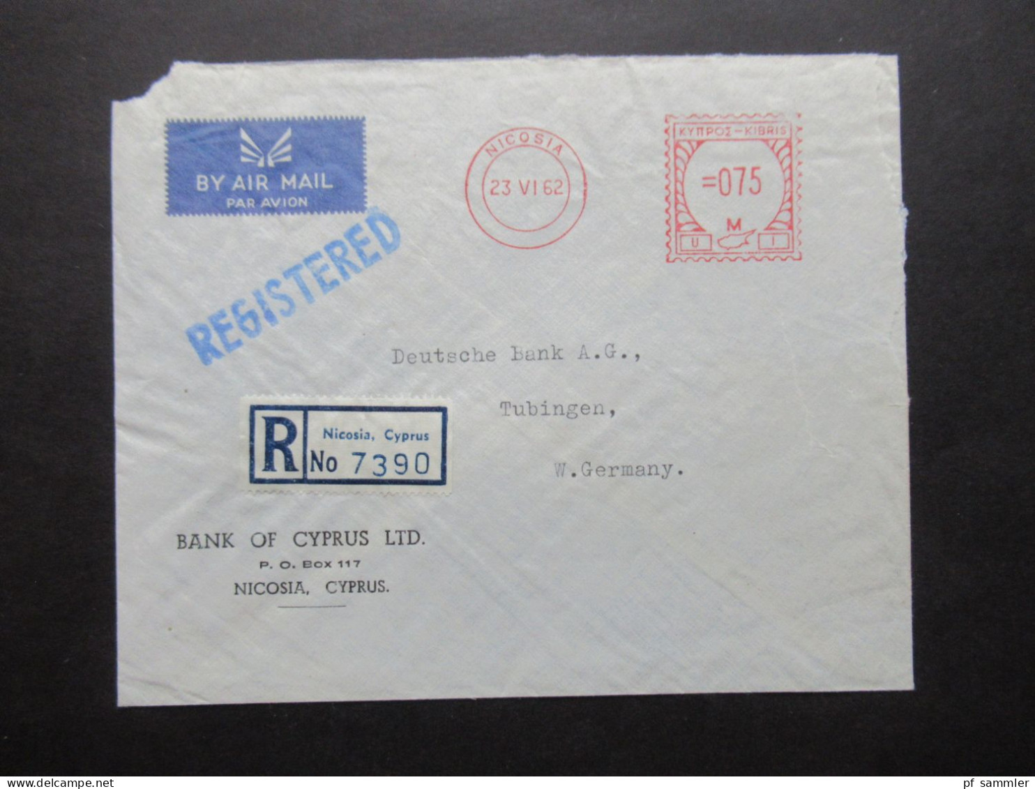 Zypern 1962 Kibris Türk Freistempel Nicosia Registered Letter Umschlag Bank Of Cyprus Nach Tübingen - Briefe U. Dokumente