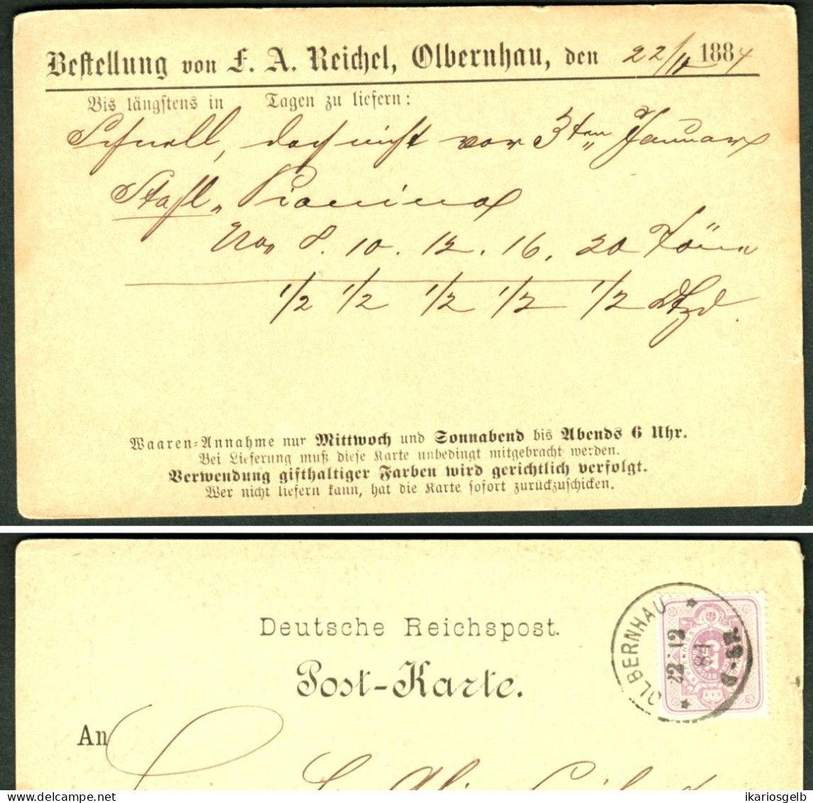 Olbernhau 1884 " F.A.Reichel Farbenhandlung " Geschäfts-Postkarte 5Pf Bedarf > Borstendorf - Olbernhau