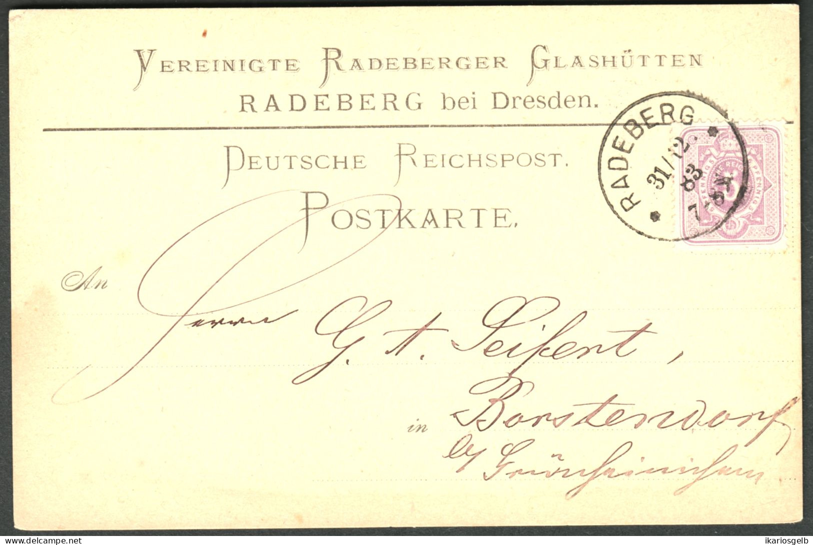 Radeberg 1883 " Vereinigte Radeberger Glashütten " Geschäfts-Postkarte 5Pf Bedarf > Borstendorf - Radeberg