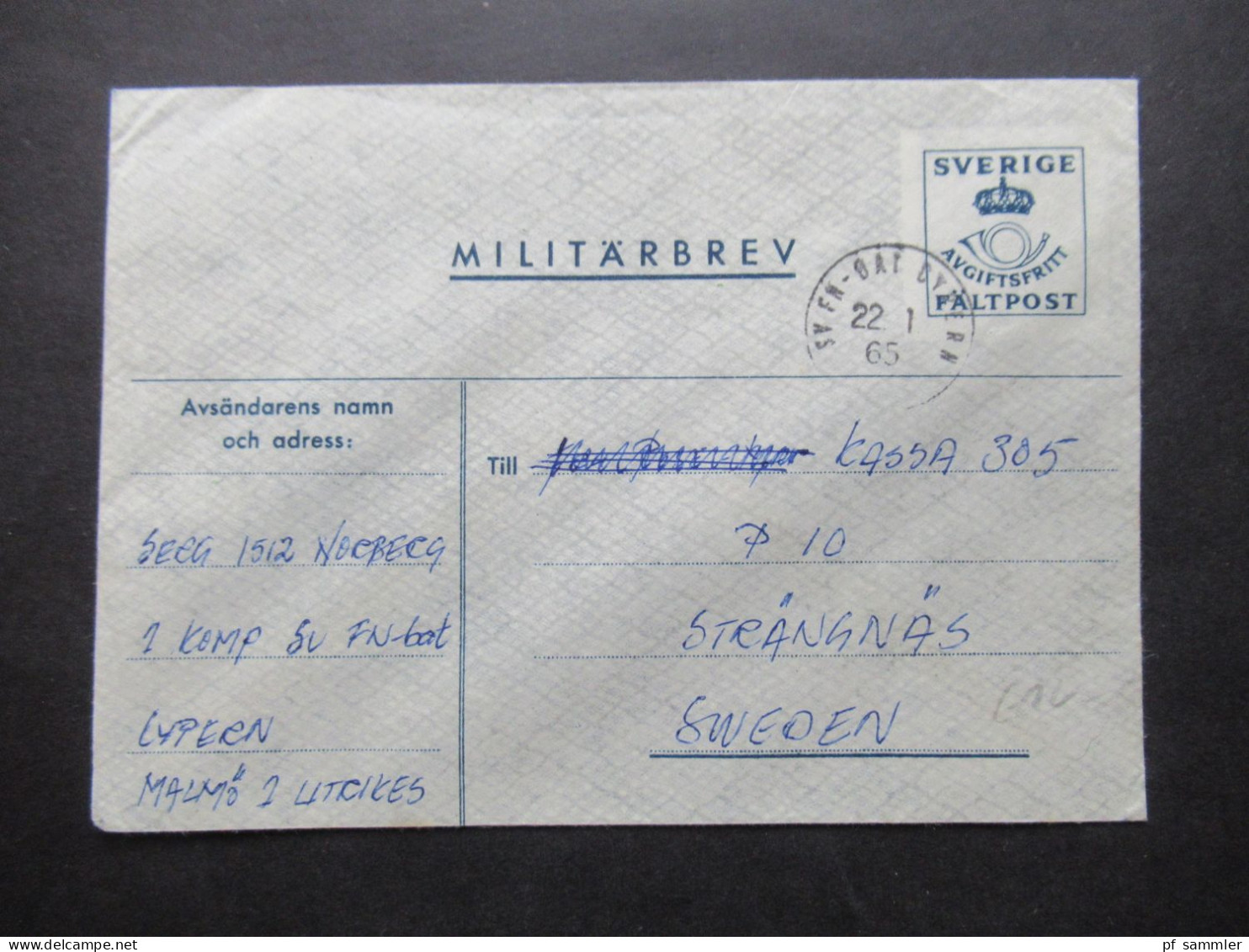 1965 Schweden Militärpost Militärbrev Stempel Svenska FN Bat Cypern / Schwedisches Militär Auf Zypern / FN Bat 2. Komp - Militärmarken