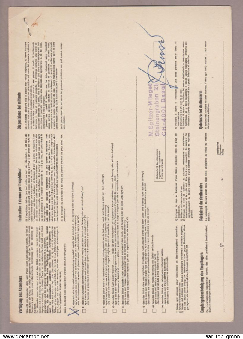 CH Firmenfreistempel 4000 Basel 1972-04-10 Paketbegleitkarte Mit Firmenfrei-O Aufkleber M.Spitzer-Mileger #6211 Fr.21.50 - Frankiermaschinen (FraMA)