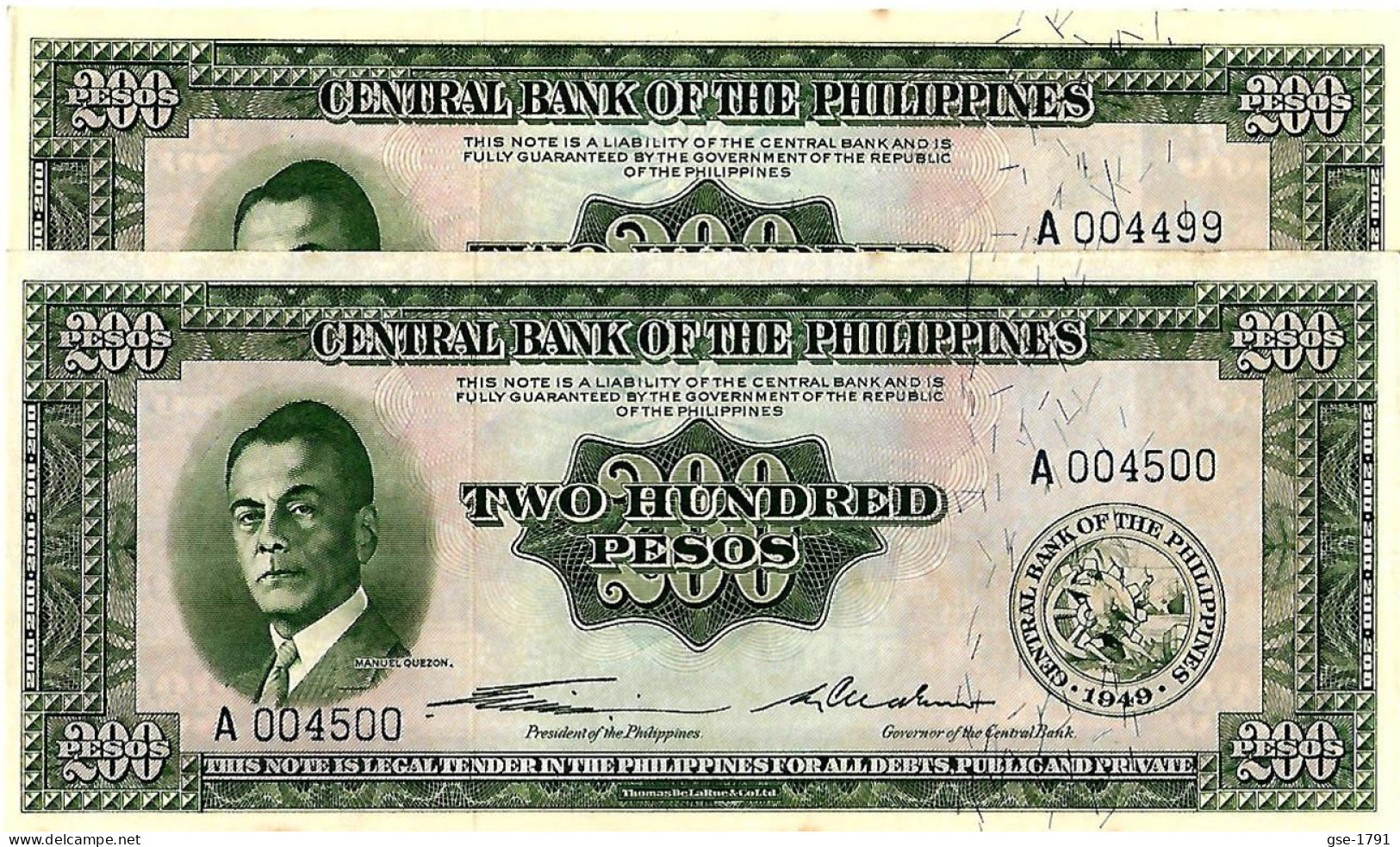 PHILIPPINES "ENGLISH" Série  200 Peso  Manuel QUEZON # 140      2 Billets à Suivre   Pr. NEUFS - Philippines