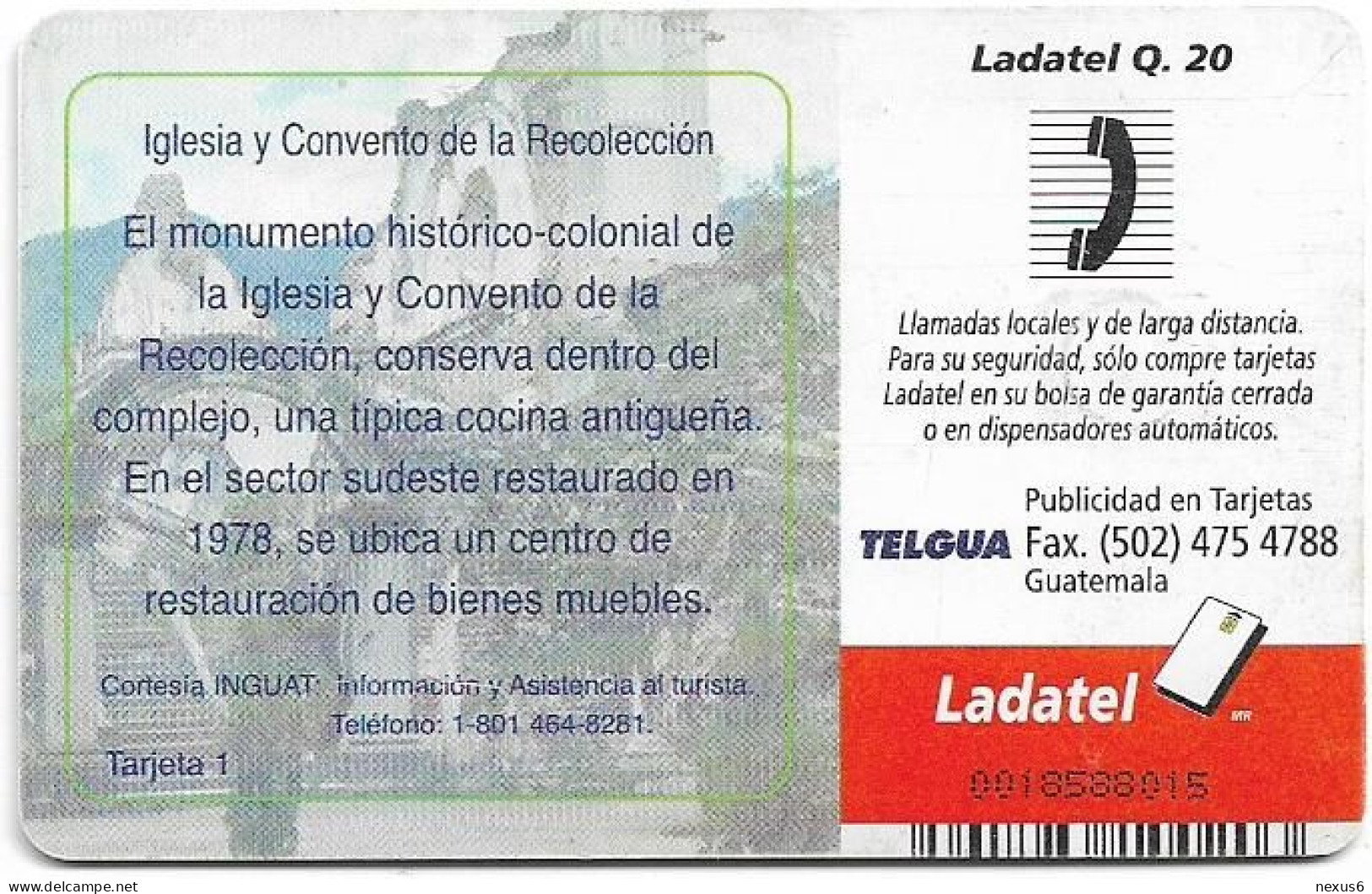 Guatemala - Telgua Ladatel - Guatemala Colonial 1, Gem5 Red, 2002, 20Q, Used - Guatemala