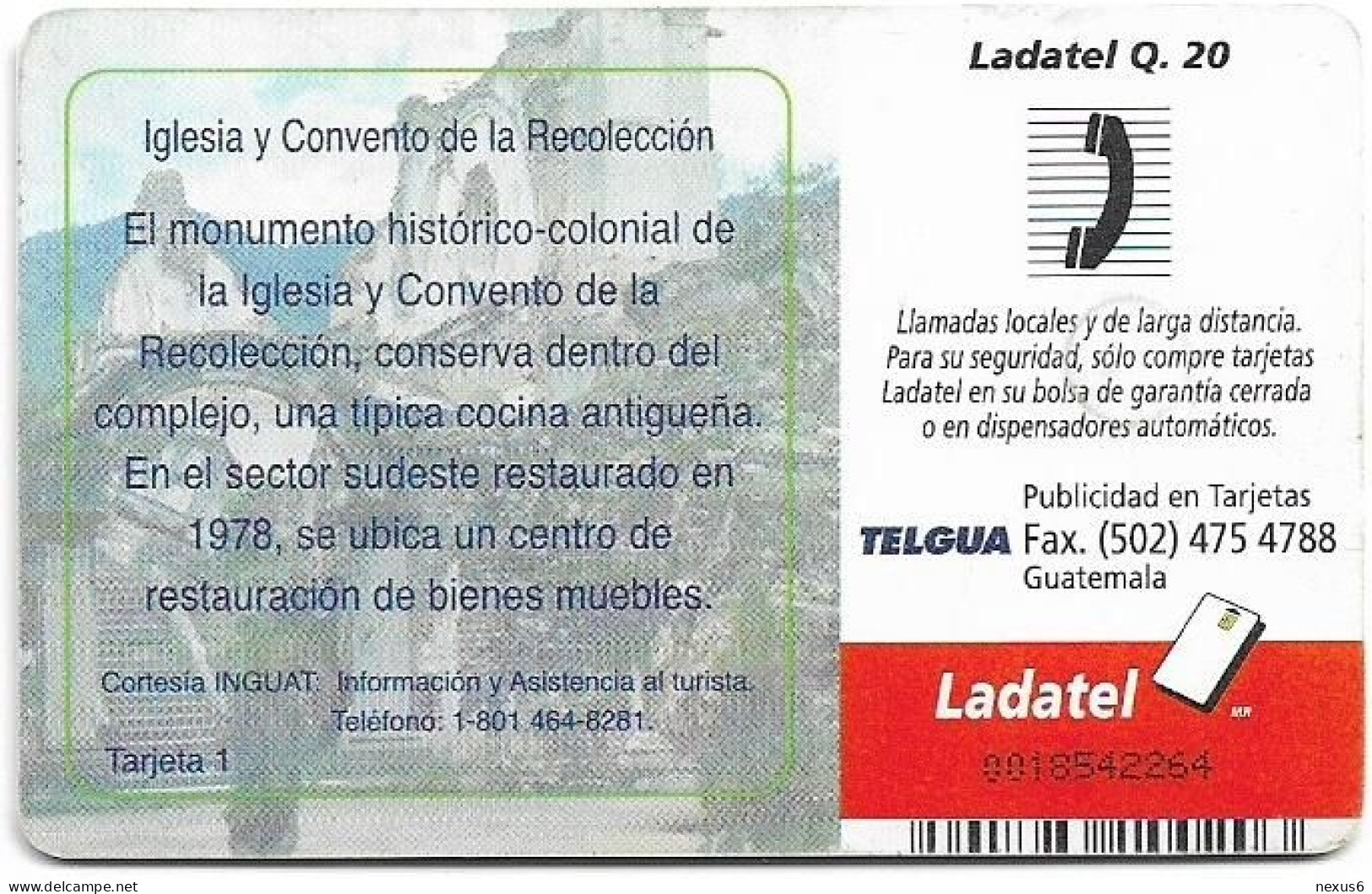 Guatemala - Telgua Ladatel - Guatemala Colonial 1, Gem5 Black, 2002, 20Q, Used - Guatemala