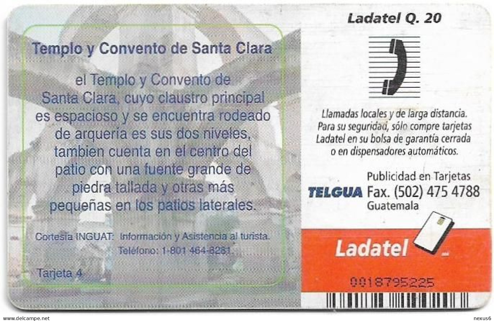 Guatemala - Telgua Ladatel - Guatemala Colonial 4, Gem5 Red, 2002, 20Q, Used - Guatemala